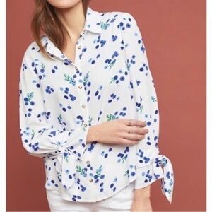 Anthropologie Maeve Blueberry Blithe Button Down Top White Blue Size 4